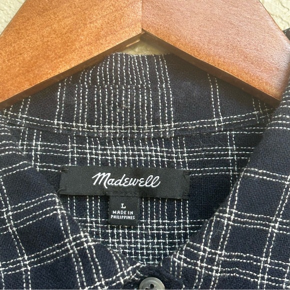 Madewell Women’s Large Plaid Button-Up Long Bell Sleeve Shirt Navy Wool Blend - Picture 6 of 7